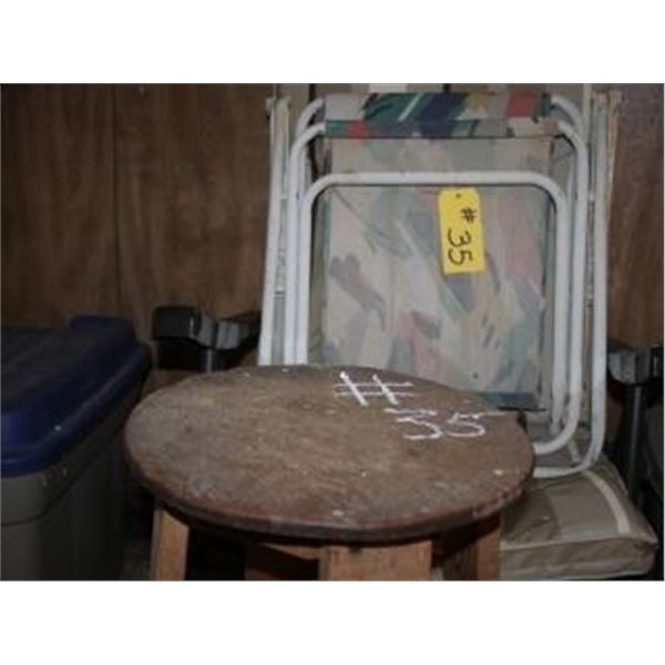 2 FOLDING CAMP CHAIRS, WOODEN STOOL