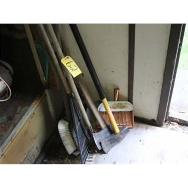 2 AXES, RAKE, DUST PAN, GARDEN HOE, BRUSH