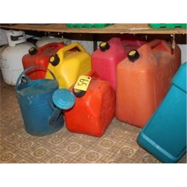 PROPANE TANK, WATER CAN, PLASTIC JUG, APPROX 5 JERRY CANS