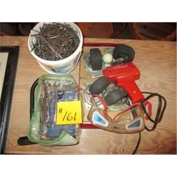 PAIL OF NAILS, 4 CASTORS, SOLDERING GUN, WRENCHES, BIKE LOCK