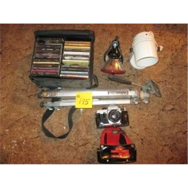 2 LIGHTS, ASSORTED MUSIC CD'S IN CASE, CAMERA C/W CASE & TRIPOD (PRACTIKA)