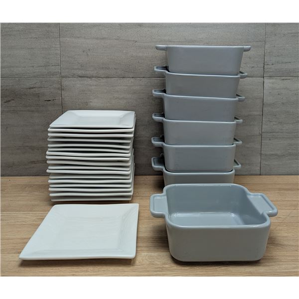 Modern Square Cocotte & White Square Plates - Lot of 70pcs