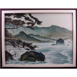 Vintage Painting On Canvas - Beach - Framed - Sign
