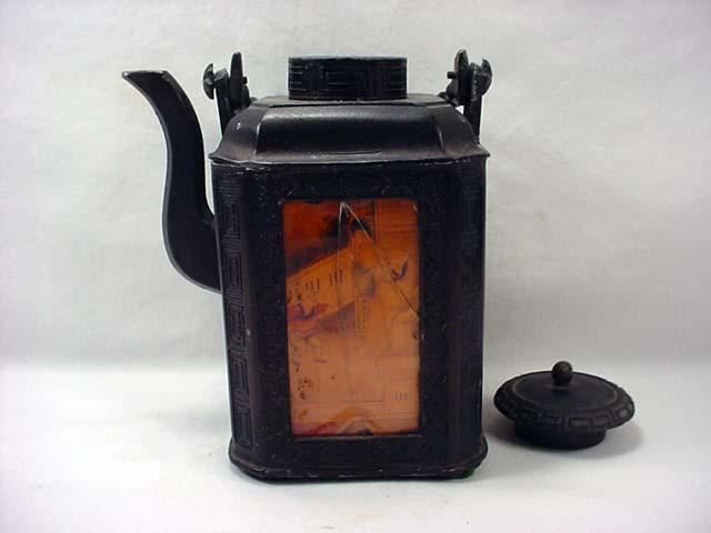 Antique Cast Iron Chinese Tea Pot W 3 Panel Desig Antique Cast Iron Chinese Tea Pot W 3 Panel Desig