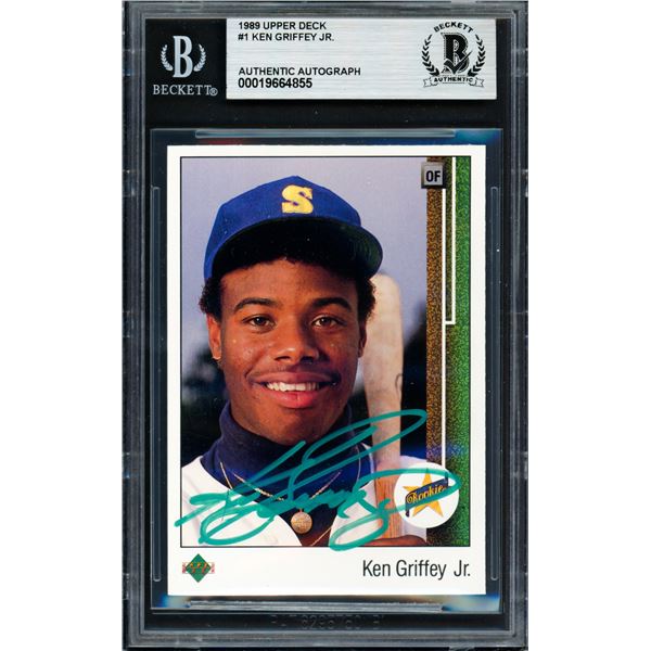 1989 UPPER DECK KEN GRIFFEY JR SIGNED TRADING CARD - BECKETT ENCASED