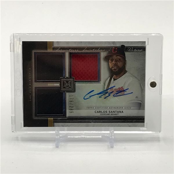 2020 TOPPS MUSEUM COLLECTION BASEBALL CARLOS SANTANA SIGNED TRIPLE PATCH TRASING CARD 176/299
