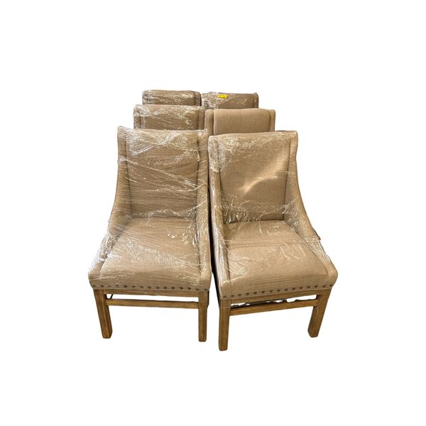 Set of 6 Sloping Wingback Upholstered Dining Chairs with Nailhead Trim & Wood Legs
