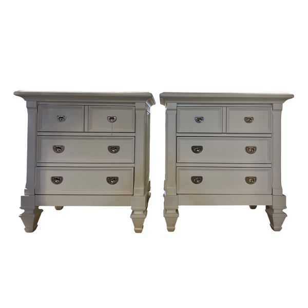 New - Set of Two 3-Drawer White Nightstands with Decorative Molding
