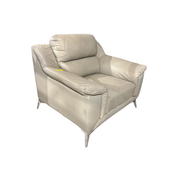 Dove Gray Leather Accent Chair - Modern Minimalist Style with Metal Legs (slight tear on arm)