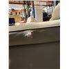 Image 2 : Dove Gray Leather Accent Chair - Modern Minimalist Style with Metal Legs (slight tear on arm)