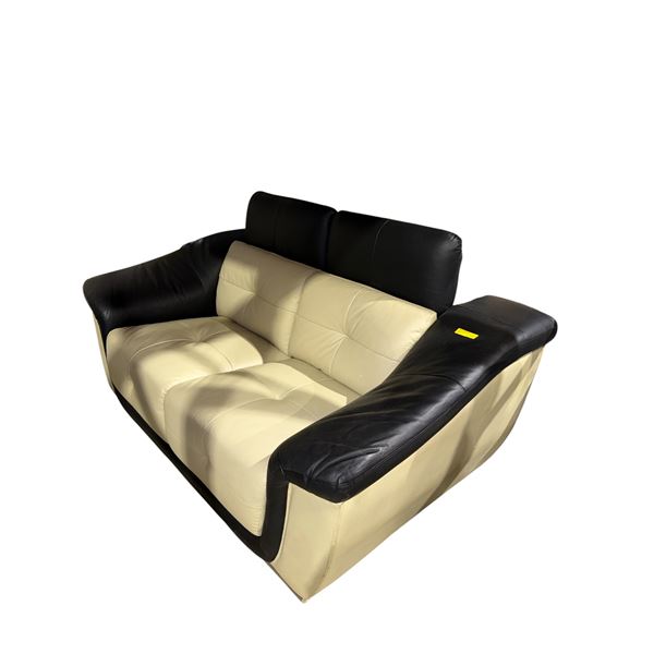 Elegant Two-Tone Leather Loveseat | Adjustable Headrests Chrome Legs