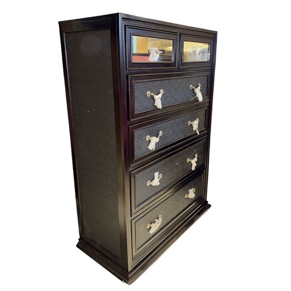 New - Modern Espresso Highboy Dresser - 2 Mirror Top Drawers - Embossed Faux-Leather Fronts - approx