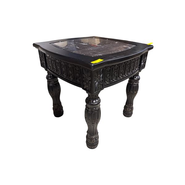 New - Elegant Black Carved Tall End Table | Faux Marble Inlay approx. 27in x 27in x 26in tall
