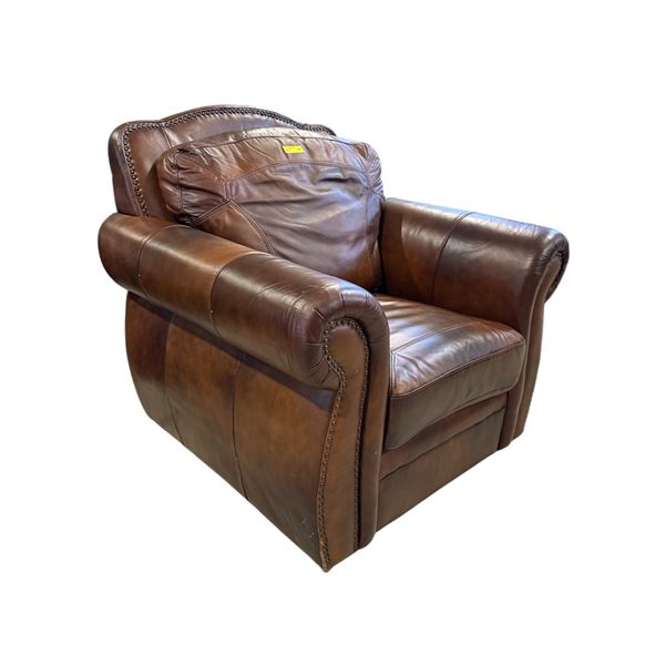 Distressed Brown Leather Brass Nailheads Arm Chair