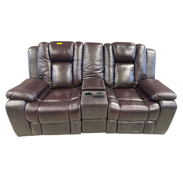 Amax Leather - Cherry Brown Leather Double Power Recliner with Cup Holders and Arm Storage (missing 