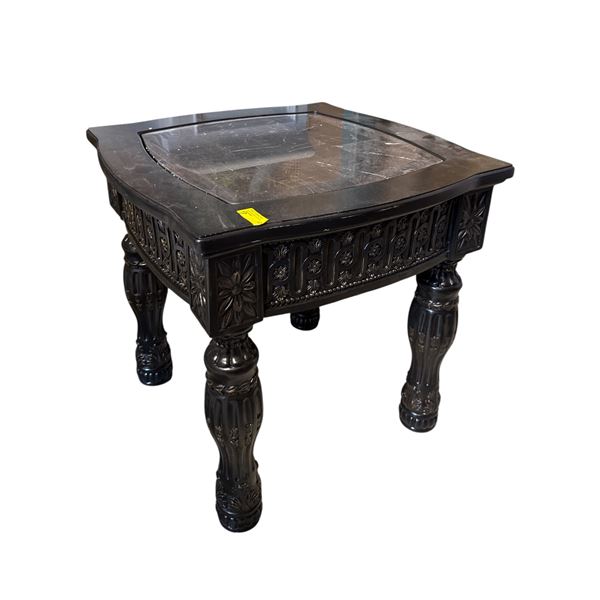 New - Elegant Black Carved Tall End Table | Faux Marble Inlay approx. 27in x 27in x 26in tall
