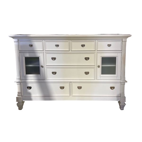 Elegant White 8-Drawer Dresser | Dual Glass Doors & Polished Hardware - approx. 66in x 20in x 44in H