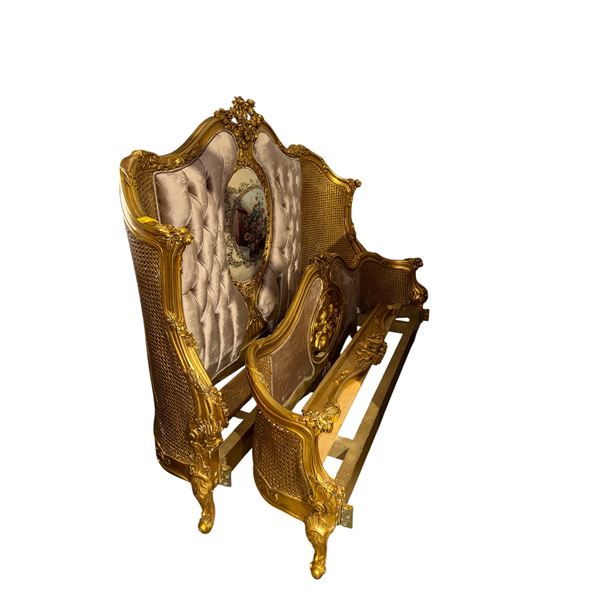 Ornate French Rococo Style Gold Gilded Bed Frame with Tufted Velvet and Floral Medallion - headboard