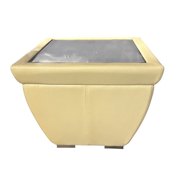 Cream Faux Leather Cube Side Table with Inset Mirror