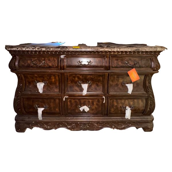 New - Ornate Traditional Style Dark Cherry Marble/Stone Top Dresser - approx. 70in x 19in x 43in H