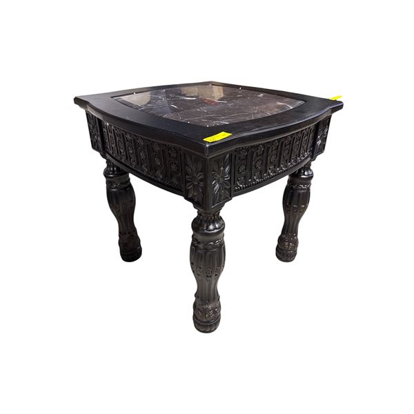 New - Elegant Black Carved Tall End Table | Faux Marble Inlay approx. 27in x 27in x 26in tall