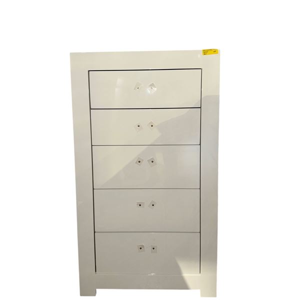 New - Contemporary White 5 Drawer Compact Chest - approx. 27 x 16 1/2 x 48in H (handles inside drawe