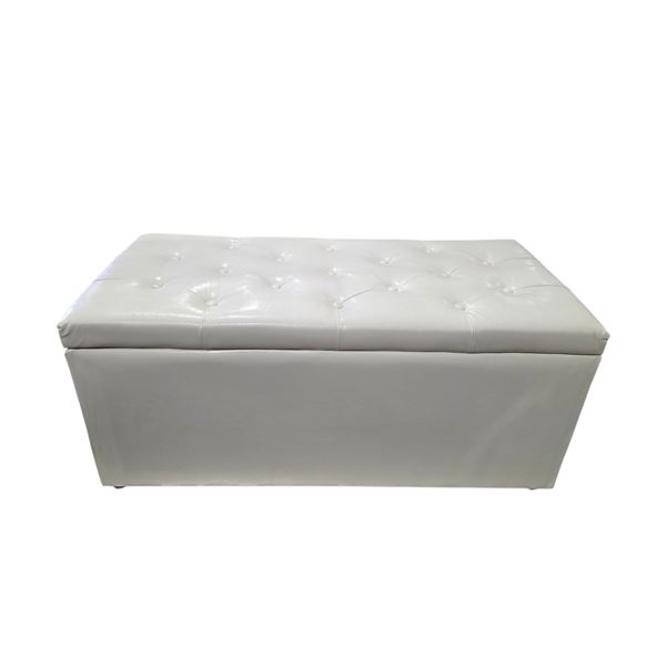 White Faux Leather Storage Ottoman, H19" x W42" x 17.5"