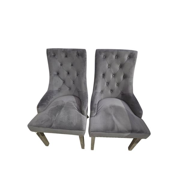 Pair of Grey Velvet Tufted Dining Chairs