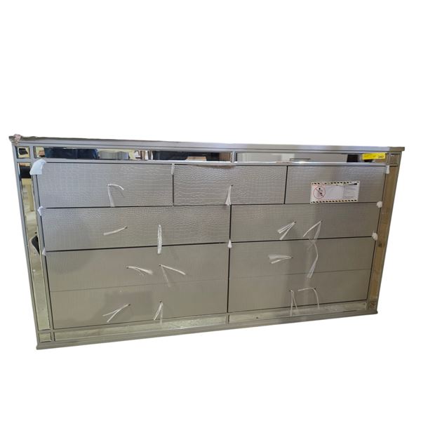 Mirrored Trim 7-Drawer Dresser, H33" x W61" x D18" handles and legs inside drawer