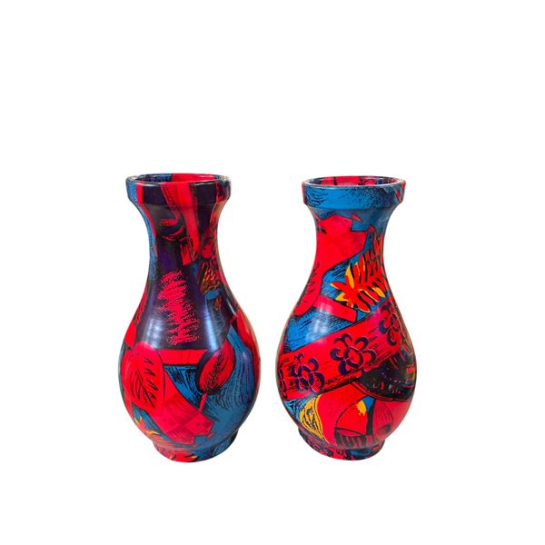 2-Pcs Vibrant Red and Blue Decor Ceramic Vases, H11' Each