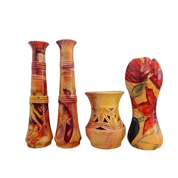 4-Pcs Earth Tone and Red Floral Ceramic Vases, Tallest 13.5"