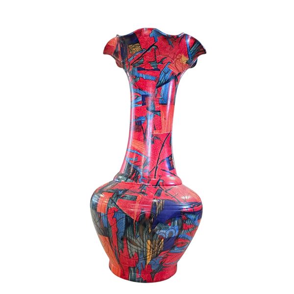 Abstract Red and Blue Pattern Tall Ceramic Vase, H16"