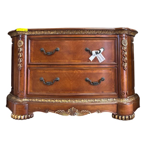 Traditional Ornate Wood 2-Drawer Nightstand, H32" x W54" x D24" (some wear on the edges)