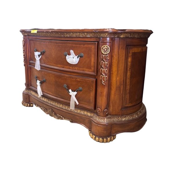Traditional Ornate Wood 2-Drawer Nightstand, H32" x W54" x D24" (some wear on the edges)