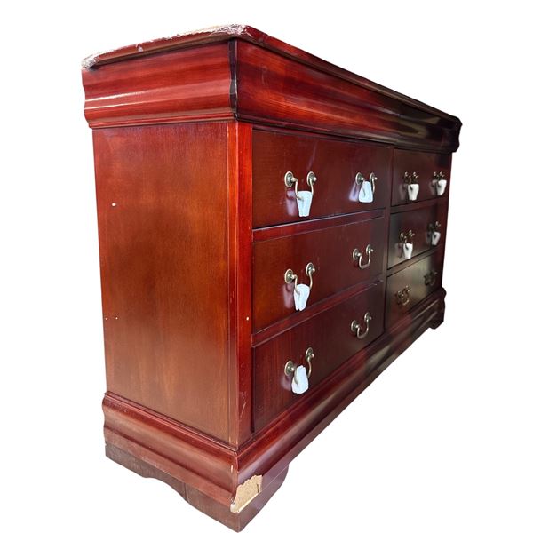 Cherry Finish Wood 9-Drawer Dresser, H33" x W56" x D16" (chipped on the edge)