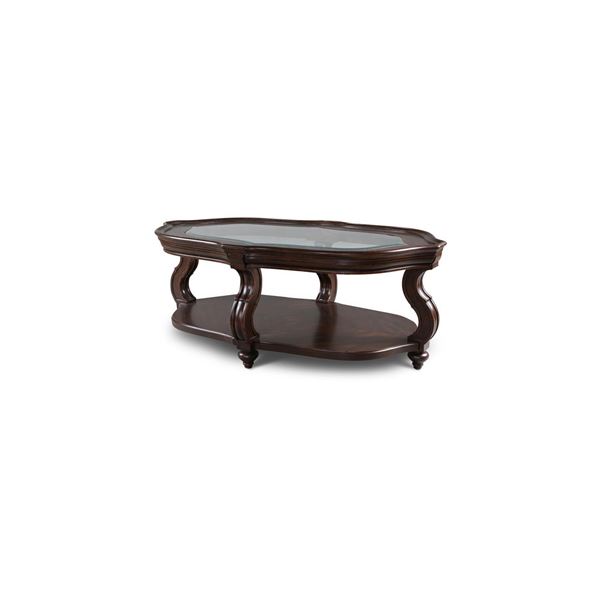 BNIB - Traditional Oval Coffee Table - Dark Cherry Finish with Beveled Glass Inlay