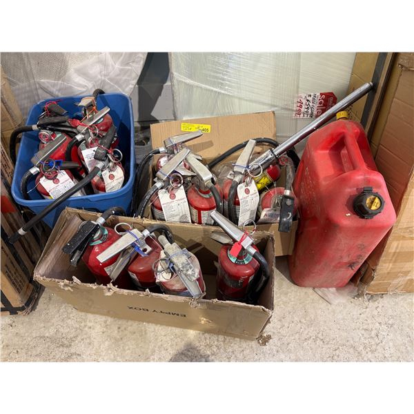 Group of assorted fire extinguishers, jerry can