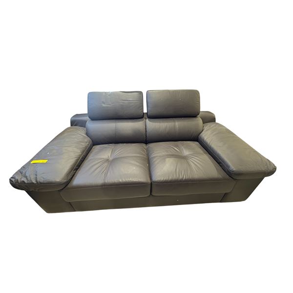 Modern Slate Grey Leather Loveseat - Adjustable Headrests & Tufted Seat