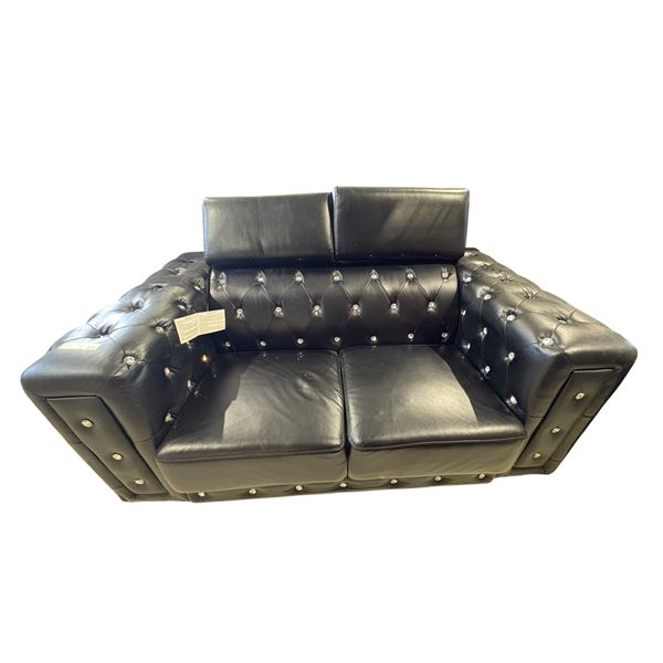 Glam Black Leather Loveseat - Crystal Button Tufting & Dual Adjustable Headrests