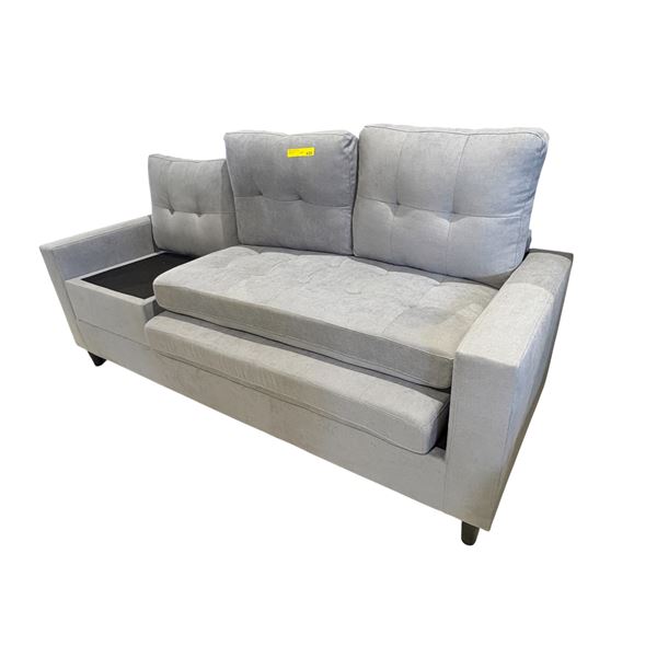 Contemporary Grey Fabric Sofa - Integrated Armrest Console & Tufted Back (missing cushion)
