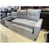 Image 2 : Contemporary Grey Fabric Sofa - Integrated Armrest Console & Tufted Back (missing cushion)