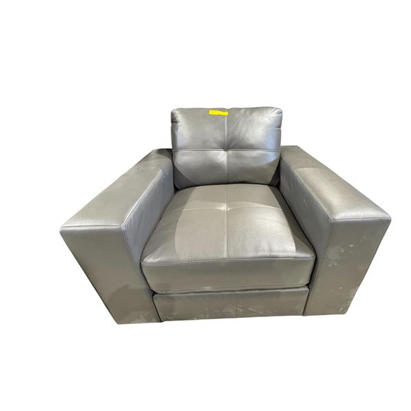 Modern Slate Grey Leather Armchair - Bold Block Silhouette & Low Profile