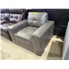 Image 2 : Modern Slate Grey Leather Armchair - Bold Block Silhouette & Low Profile