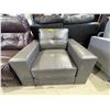 Image 3 : Modern Slate Grey Leather Armchair - Bold Block Silhouette & Low Profile