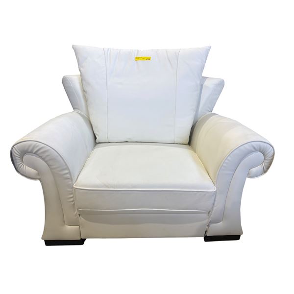 Mazarian Modern White Leather Armchair - Oversized Scroll Arms & Plush Back Cushion