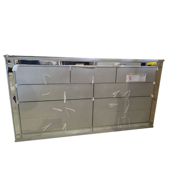 Mirrored Trim 7-Drawer Dresser, H33" x W61" x D18" handles and legs inside drawer