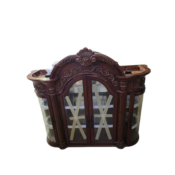 Elegant Ornate Glass Hutch Top - Rich Cherry Finish with Shell Carvings
