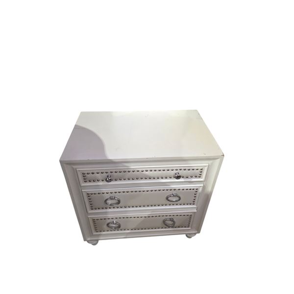 Modern White Glam Nightstand - Upholstered Drawer Fronts & Ring Pulls