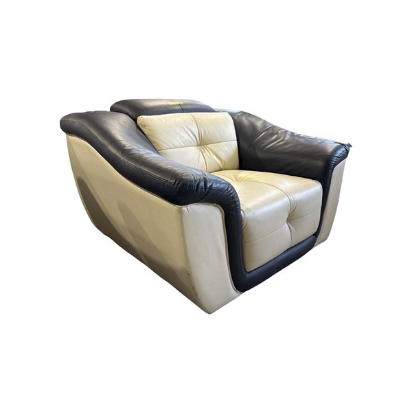 Contemporary Flared-Arm Club Chair - Cream Leather with Black Accents
