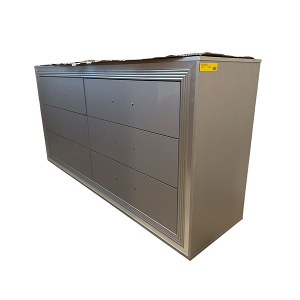 New - Modern Metallic Silver 6-Drawer Dresser - Sleek Stepped-Frame Design (handles and legs inside 